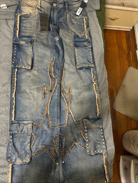 Elite Jeans Other - Men's Blue Distressed Bootcut Cargo Jeans with Stud and Flame Detail